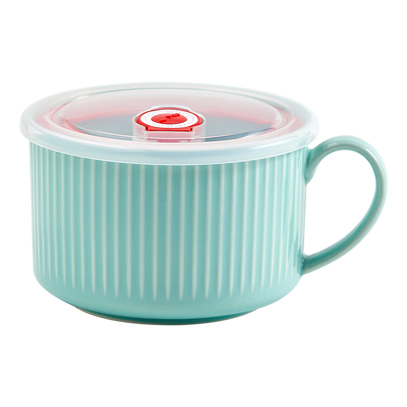 Cuenco de fideos de cerámica de una sola oreja Cuenco de fideos instantáneos simple nórdico con tapa hogar estudiante trabajo dormitorio tazón de taza de fideos instantáneos