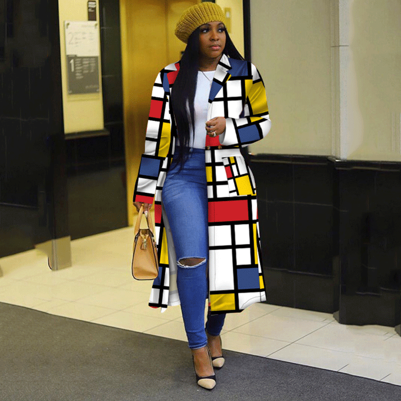 Cross-border new coat printed socialite cardigan yellow suit temperament commuter long sleeve coat windbreaker foreign trade