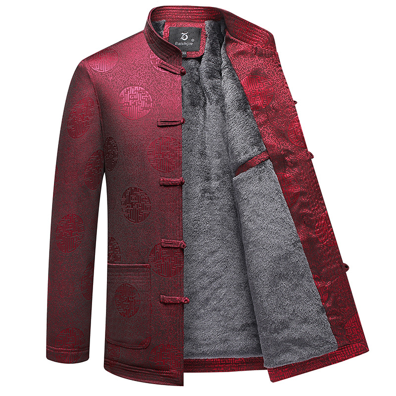 Winter thickened fleece-lined Tang suit top for middle-aged and elderly men, stand-up collar, Chinese knot button cotton coat, retro grandfather cotton coat