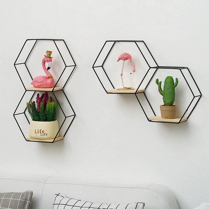 Wall storage rack hexagonal, no‑punch metal hanging shelves, modular single & multi‑unit combinations