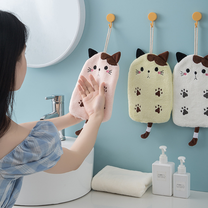 Coral fleece flat cat embroidered hand towel bathroom hanging absorbent towel kitchen bathroom dual-use square towel wholesale Coral fleece flat cat embroidered hand towel bathroom hanging absorbent towel kitchen bathroom dual-use square towel wholesale