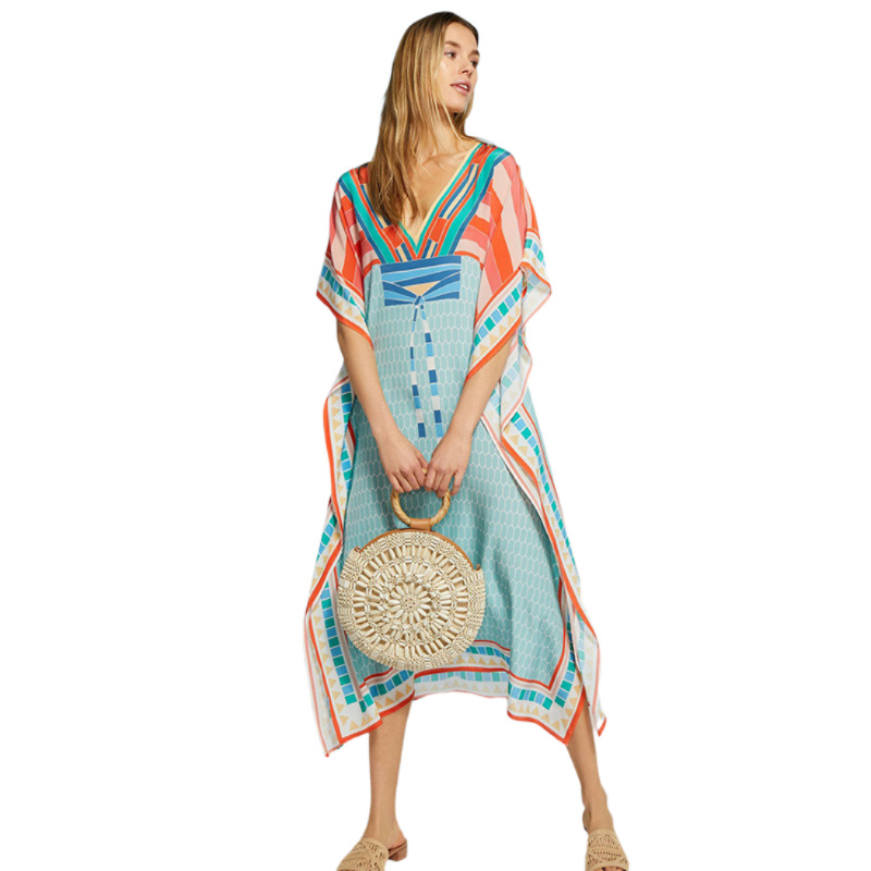 Blusa de playa europea y americana de secado rápido delantero y trasero con cuello en V posicionamiento impreso suelto Vestido de playa vacaciones blusa túnica 1D38