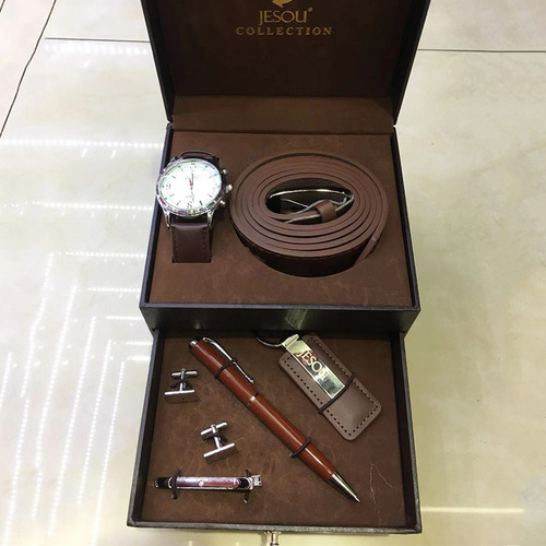 Factory direct sales three-layer gift box set watch plus belt plus pen plus keychain plus wallet plus cuffs plus clip