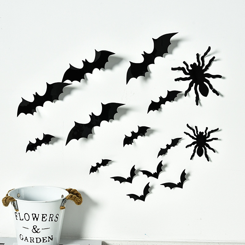 Halloween Decoration Black Bat Wall Stickers, Simulated 3D Pvc Bat and Spider Decorative Wall Stickers for Window Decoration