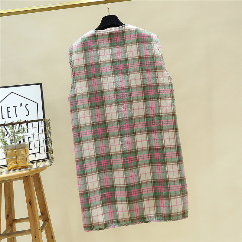 2021 Otoño e Invierno chaleco forrado de lana de cordero engrosado estilo coreano chaleco a cuadros suelto chaleco largo abrigo cálido para mujeres