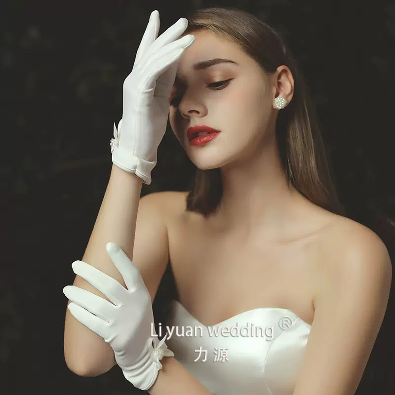 新娘婚纱礼服手套弹力缎拍照婚礼年会派对秋冬厚女士优雅派对手套