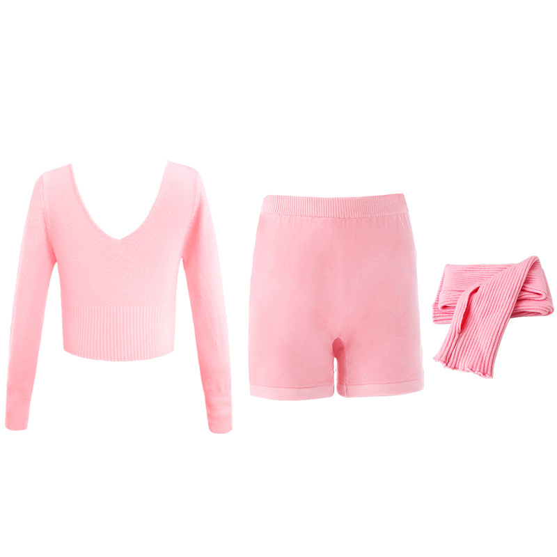 Traje de suéter de baile para niños de punto de manga larga de tres piezas chaqueta de ballet con cuello en V pantalones cortos de mujer ropa de práctica ropa exterior