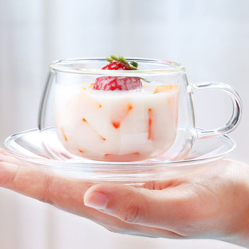 Middle English Afternoon Tea Latte Coffee Cup and Saucer Set Borosilicate Heat-resistant Glass Double-layer Glass with Handle and Spoon