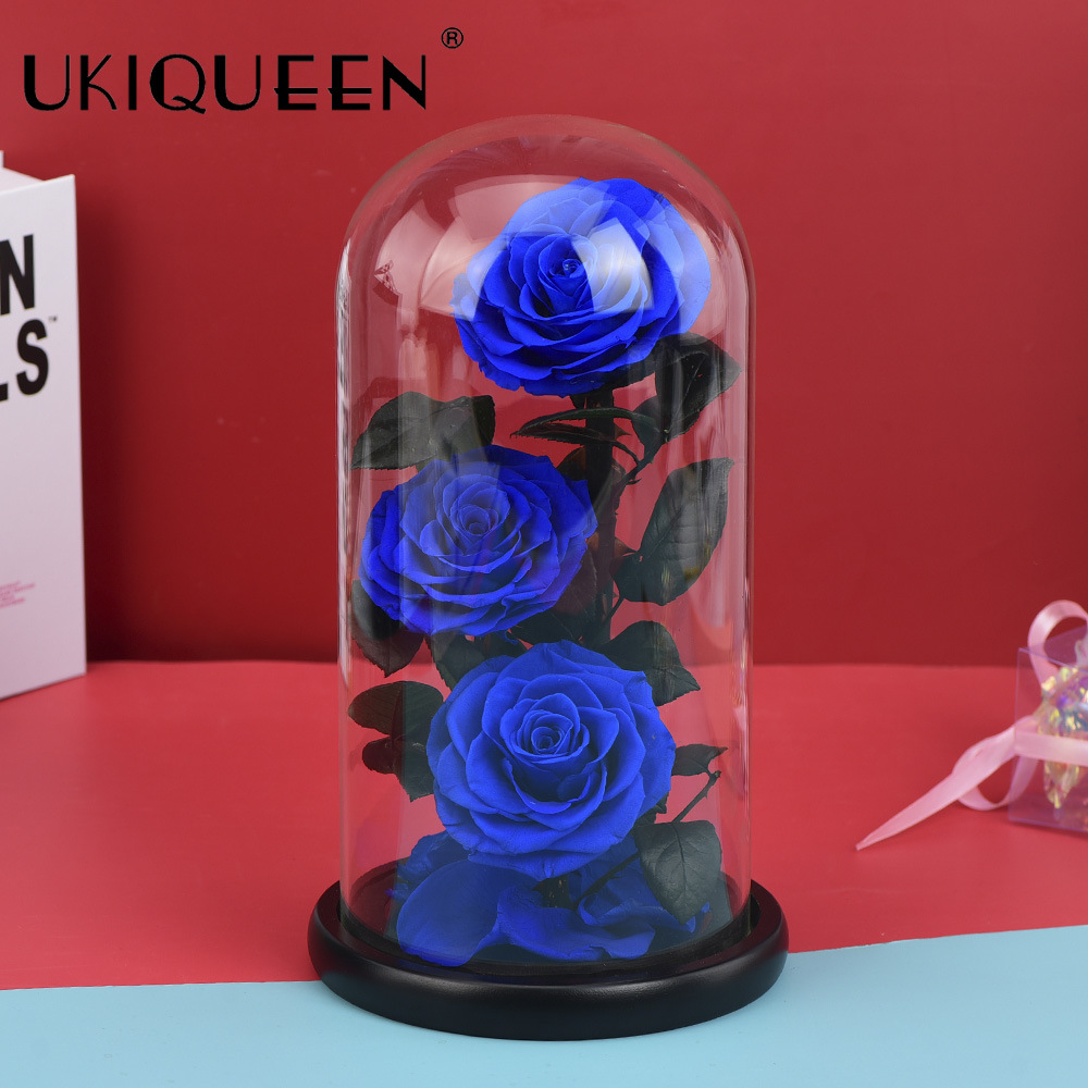 Flor eterna, tres rosas en una cúpula de cristal, producto terminado, decoración de regalo, ramo de flores, caja de regalo, flores preservadas que no se marchitan
