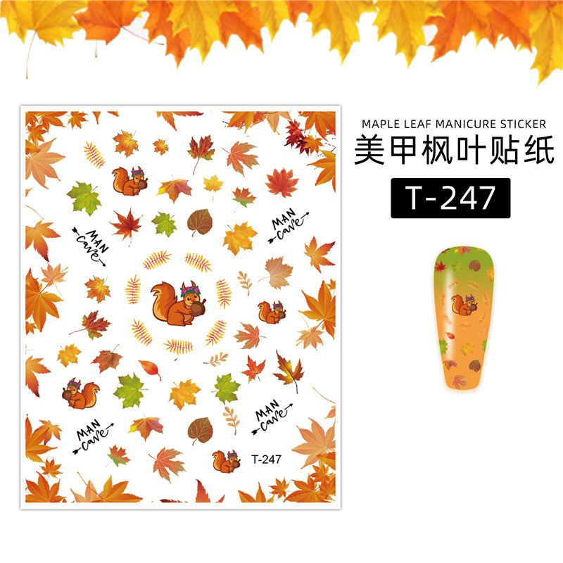 Venta caliente de ardilla de hoja de arce con pegatinas de uñas adhesivas Transfronteriza manicura popular hoja de arce pegatinas de uñas Otoño e Invierno