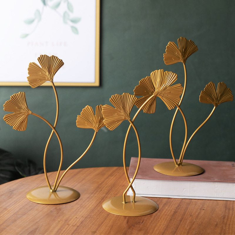 INS Luz de lujo hierro ginkgo hoja decoración hogar creativo florero de cristal arreglo floral suave decoración ornamento
