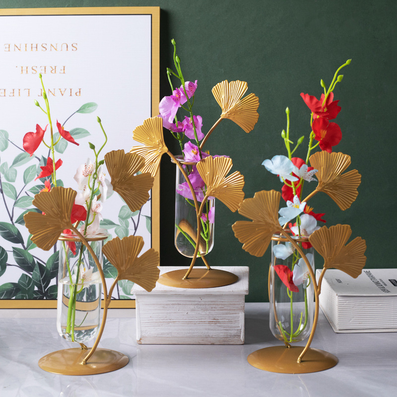 INS Luz de lujo hierro ginkgo hoja decoración hogar creativo florero de cristal arreglo floral suave decoración ornamento