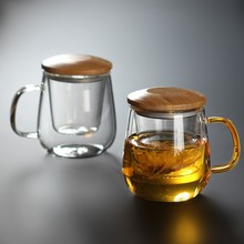 高硼硅玻璃三件杯木盖玻璃花茶杯家用红茶绿茶泡茶杯办公室果汁杯