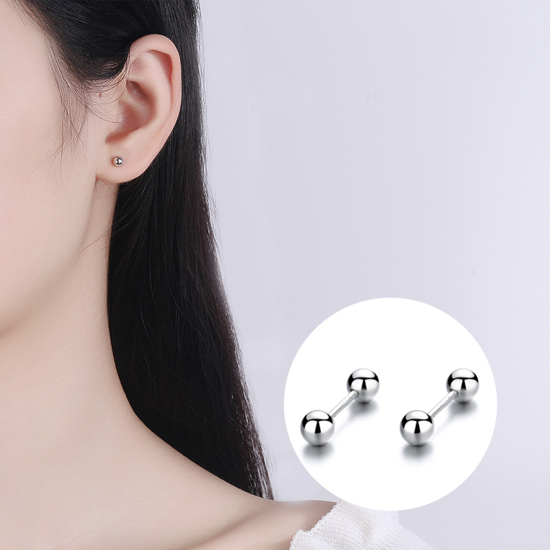 Hilo de hilo agujero de la oreja con mancuernas pendientes de cuentas redondas hembra s925 plata pura hueso de la oreja hebilla de La torcedura de la uña pequeña simple Pick-joyería libre del oído