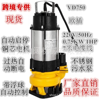 跨境220V单相不锈钢304潜水排污泵1Hp潜水泵750W无堵塞污水泵2"口