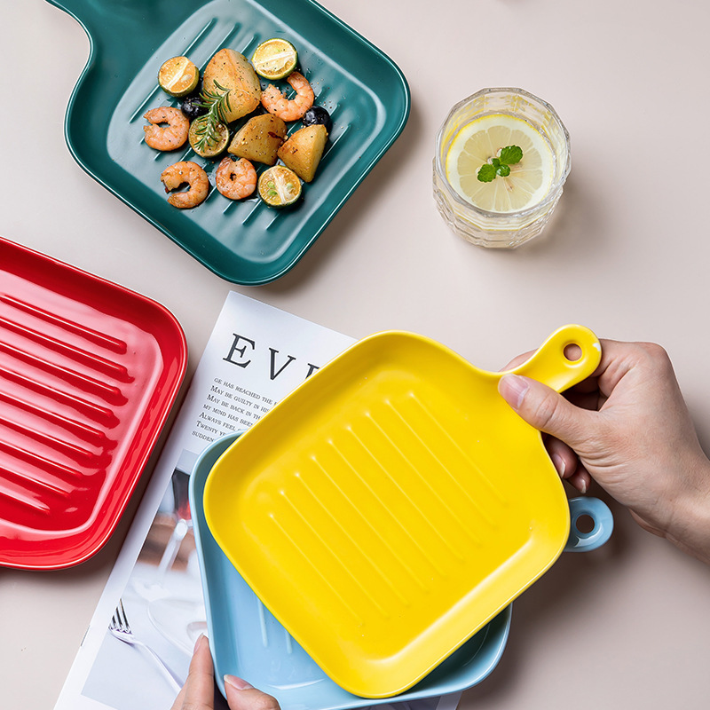 Nordic Style Square Baking Plate Baking Ceramic Plate Rectangular Household Plate Breakfast Plate with Handle Baked Rice Oven ins Style