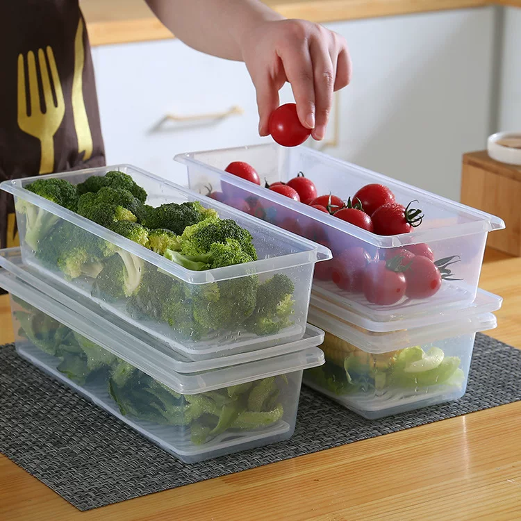 Rectangular plastic fruit storage box, transparent, moisturizing/drying design, stackable