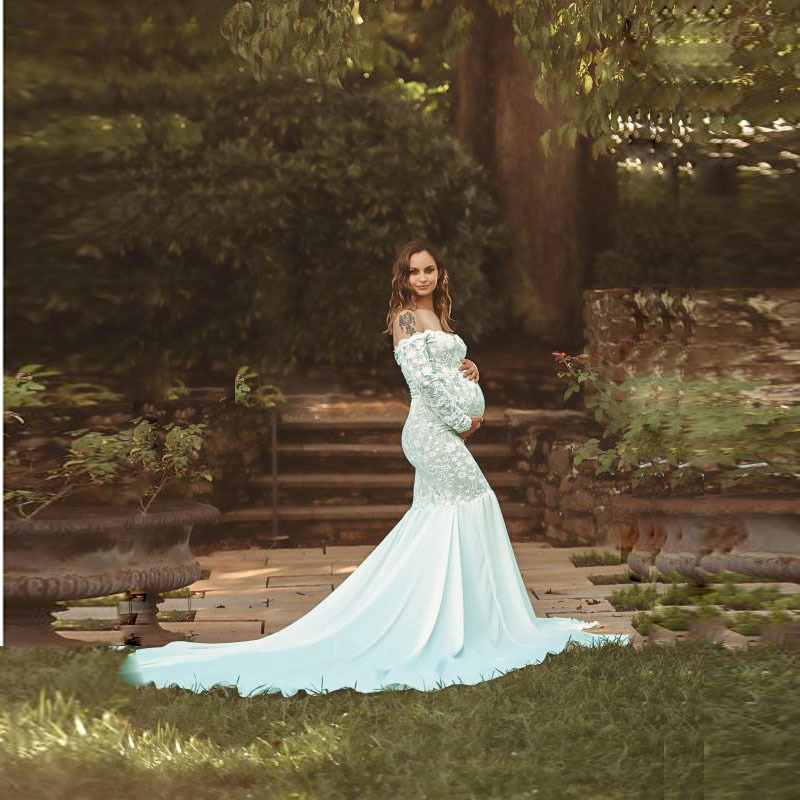 European and American Women's Lace Stitching Chiffon Tail Dress V-Neck Long Sleeve Dress Photography Pregnant Women Tail Dress 1127 European and American Women's Lace Stitching Chiffon Tail Dress V-Neck Long Sleeve Dress Photography Pregnant Women Tail Dress 1127