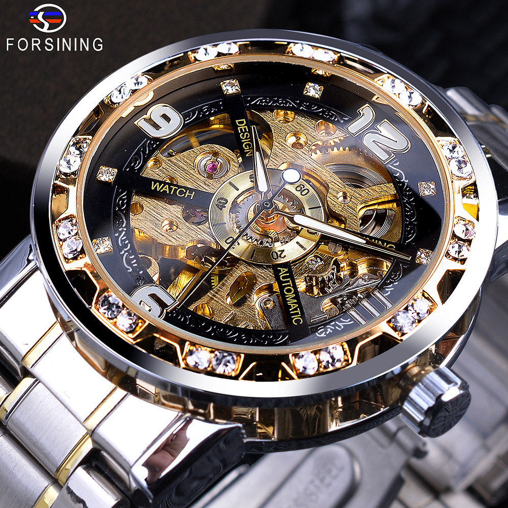 Forsining Watch Men's Fashion Casual Classic Popular Hollow Rhinestone Manual Mechanical Watch_voghion.com