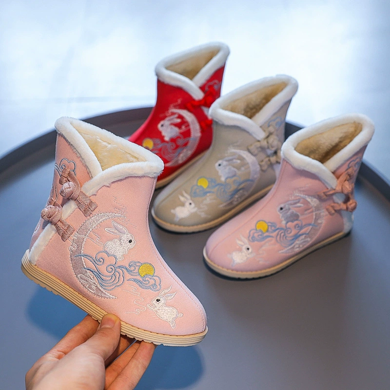 Зимняя детская обувь в этническом стиле для девочек, старая Пекинская детская Тканевая обувь, хлопчатобумажная обувь, ботинки на флисовой подкладке, обувь с вышивкой Hanfu