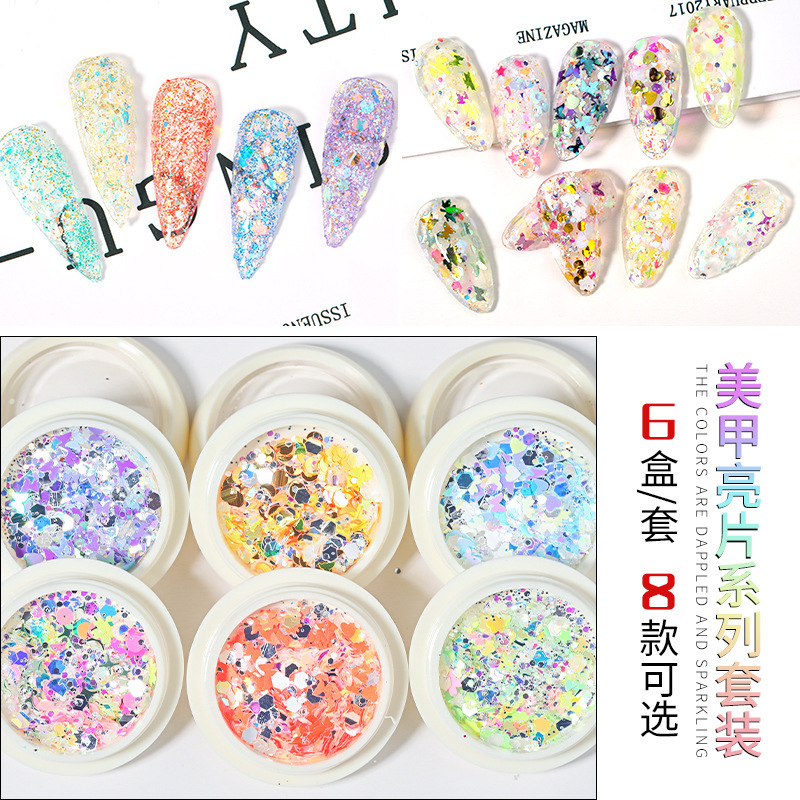 Nuevo set de decoración de uñas con purpurina de 6 colores, purpurina mixta con efecto láser degradado, purpurina para decoración de uñas con efecto ojo de hada