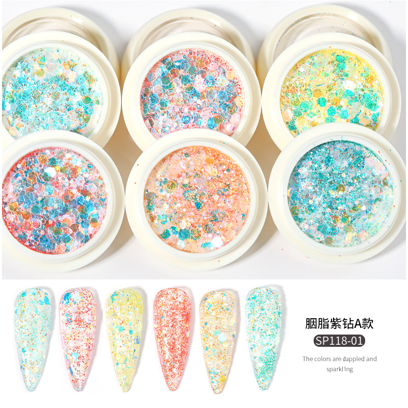 Nuevo set de decoración de uñas con purpurina de 6 colores, purpurina mixta con efecto láser degradado, purpurina para decoración de uñas con efecto ojo de hada
