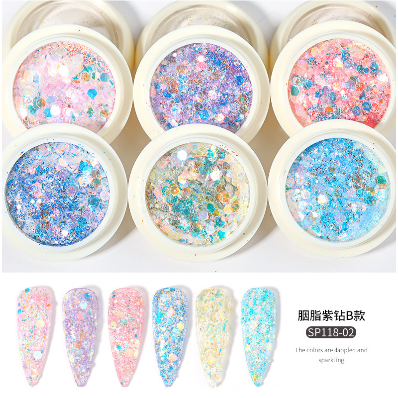 Nuevo set de decoración de uñas con purpurina de 6 colores, purpurina mixta con efecto láser degradado, purpurina para decoración de uñas con efecto ojo de hada