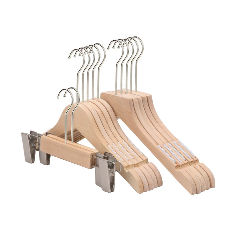 Wooden non-slip hanger, natural wood, trousers clip & shoe last options, silver hook, single