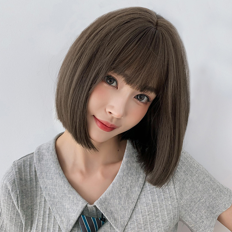 かつらの女性のショートヘアの韓国式boboの頭のかわいい漫画の前髪の丸い顔の少女の鎖骨の髪の全頭カバーの波の頭|undefined