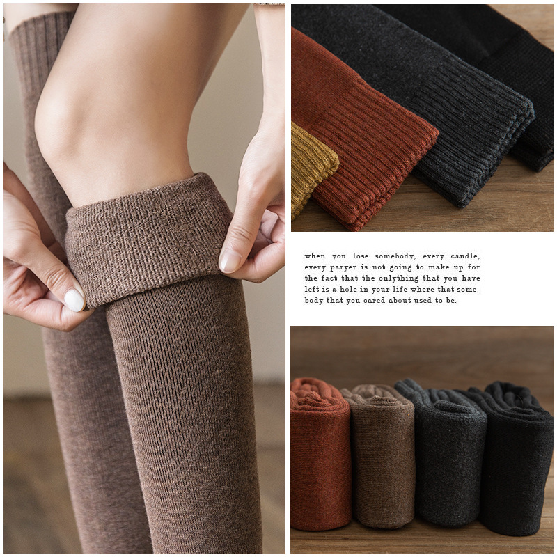 Calcetines sobre la rodilla de las mujeres de invierno forrados de lana engrosada a media pantorrilla negro cálido flaco largo JK alto-becerro Otoño e Invierno ins moda