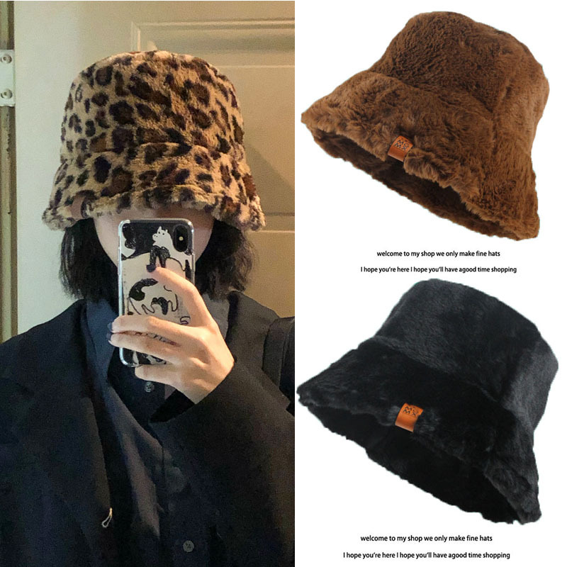 Men's Hats Sweet And Cute Bucket Hat Leopard Plush Fisherman Hat Warm Thickened Basin Hat_voghion.com