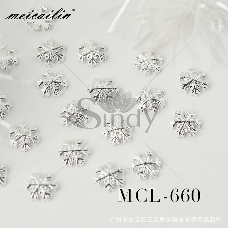 Cross-Border Christmas Manicure Nail Accessories Snowflake Alloy Silver Snowflake Nail Patches Wholesale Nail Stickers