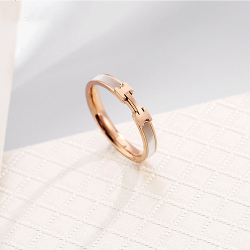 Korean style simple H white titanium steel ring for women cold style rose gold ring index finger internet celebrity fashion hot jewelry