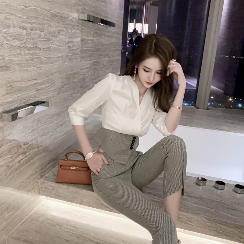 Bộ đồ houndstooth mùa hè nữ áo sơ mi phối quần ống nhỏ hai mảnh — Ca rô Houndstooth