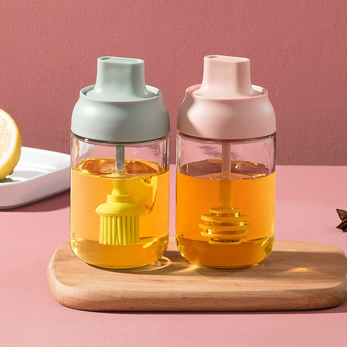 创意北欧家用防潮盖勺一体调味罐玻璃蜂蜜瓶厨房调料瓶防潮刷油瓶