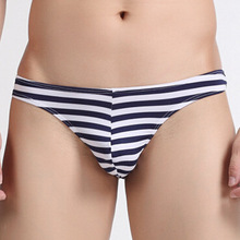 青年锦纶凹凸同志男士内裤低腰个性条纹丁字裤A-015