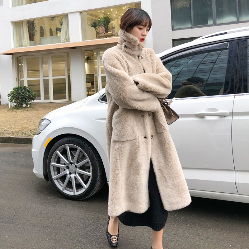 여성을위한 새로운 겨울 알파카 양털 코트 여성을위한 긴 느슨한 세련된 모피 긴팔 코트