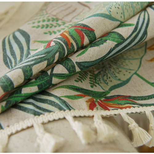 Export to Amazon Green Plant Cotton-Like Linen Semi-Darken Aesthetic American Country Retro Fringe Curtain Fabric Finished Product