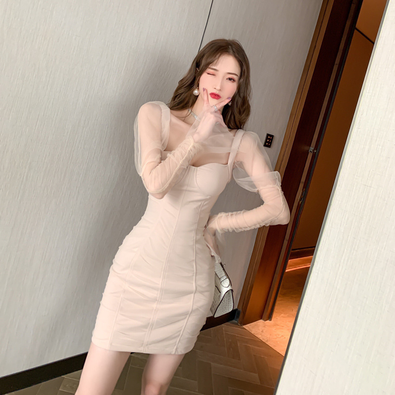 Mesh long sleeve sexy tube top dress short skirt Sexy Slim-fit sheath dress small new 9238