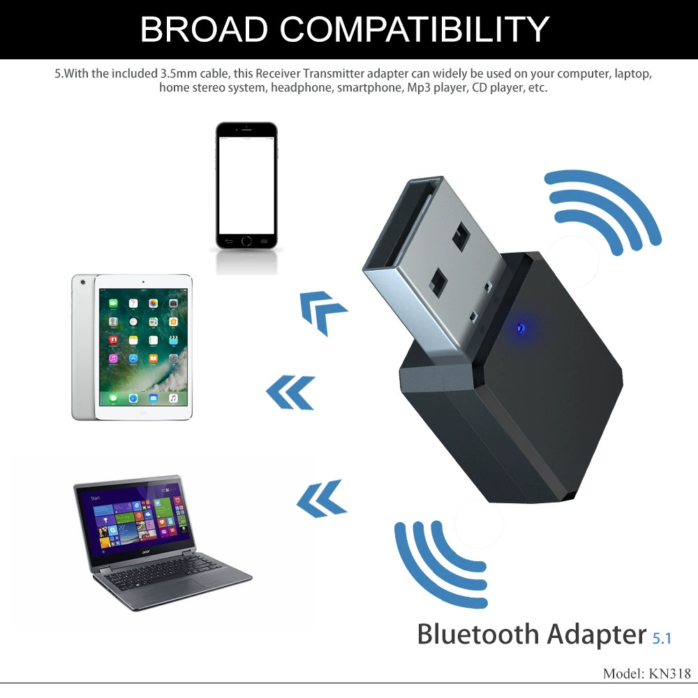 Bluetooth V5.1 аудио преобразователь Bluetooth приемник USB и выход AUX стереоканал