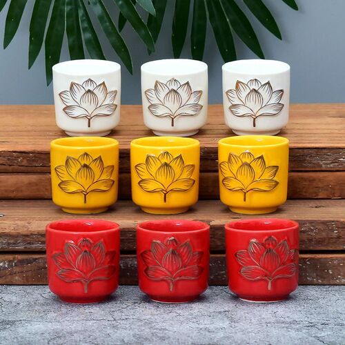 Small Red Wine Glass Self-Made Oil Lamp Ceramic Cup with Relief Candle Holder Buddhist Accessories Complete Offering Cup Wedding