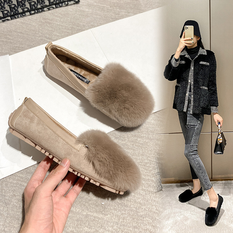 Mocasines forrados de lana para mujer Otoño e Invierno 2023 nuevos zapatos de felpa planos para mujer desgaste exterior slip-On Plus size Pumps 41-43