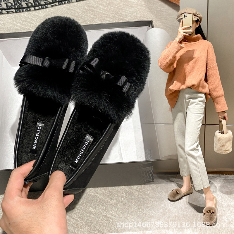 TODOS zapatos de piel de conejo Rex 2023 invierno nuevo estilo coreano zapatos planos de una sola capa forrados de lana más tamaño zapatos de piel desgaste exterior 41-43