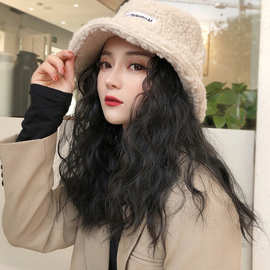 渔夫帽女冬羊羔毛假发一体网红同款时尚玉米烫长卷发自然假头发潮