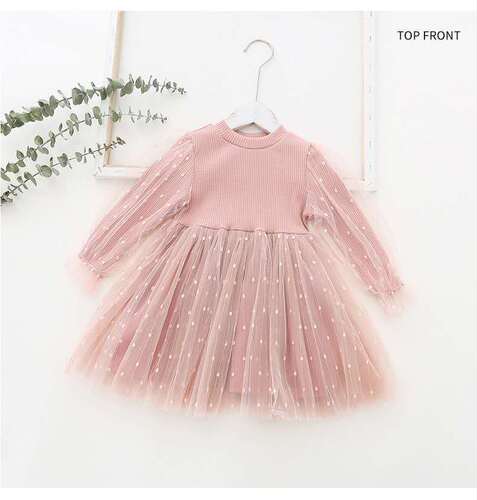  Children's Clothing Autumn New Arrival Girls' Dresses Girls' Gauze Skirts Style Puff Sleeves Knitted Mesh Skirts