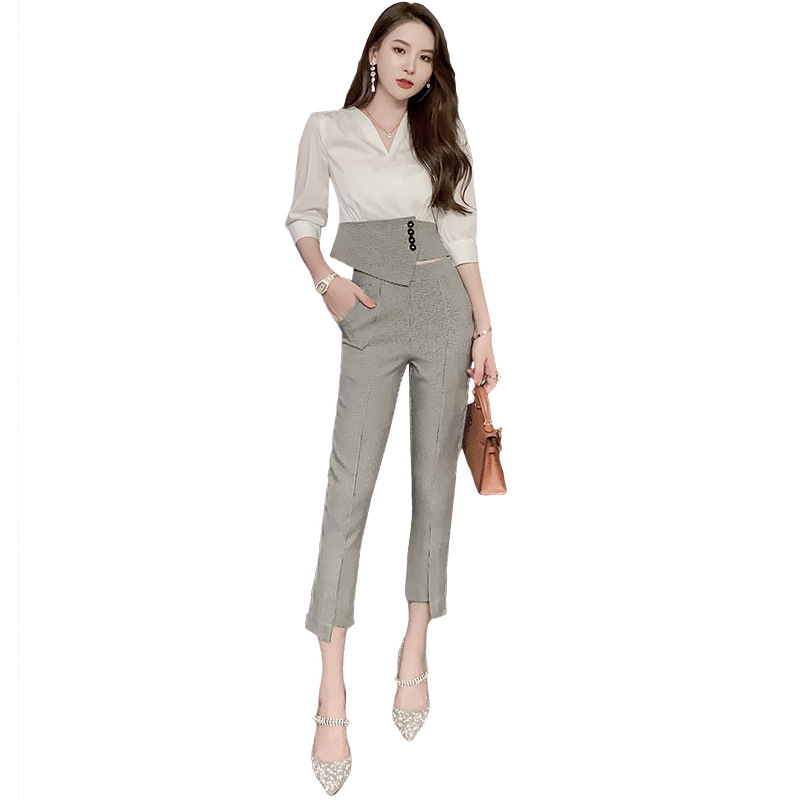 Bộ đồ houndstooth mùa hè nữ áo sơ mi phối quần ống nhỏ hai mảnh — Ca rô Houndstooth