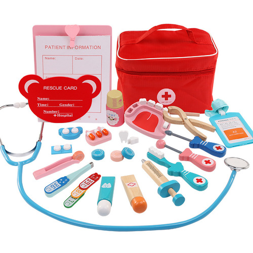 Children's wooden simulation play house doctor toy set boys and girls medicine box doctor uniform auscultation injection dentist