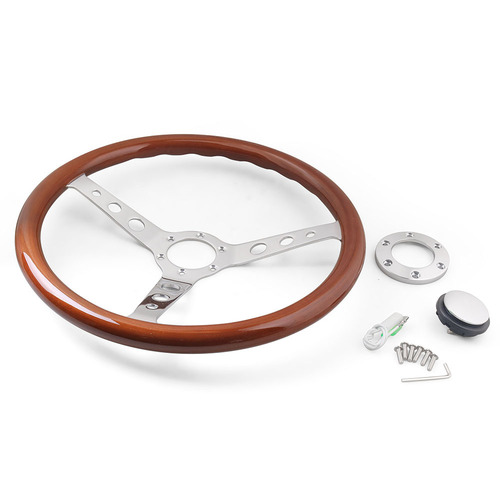 Car modification 15-inch 380MM solid wood steering wheel 6-hole peach wood vintage steering wheel electroplated bracket