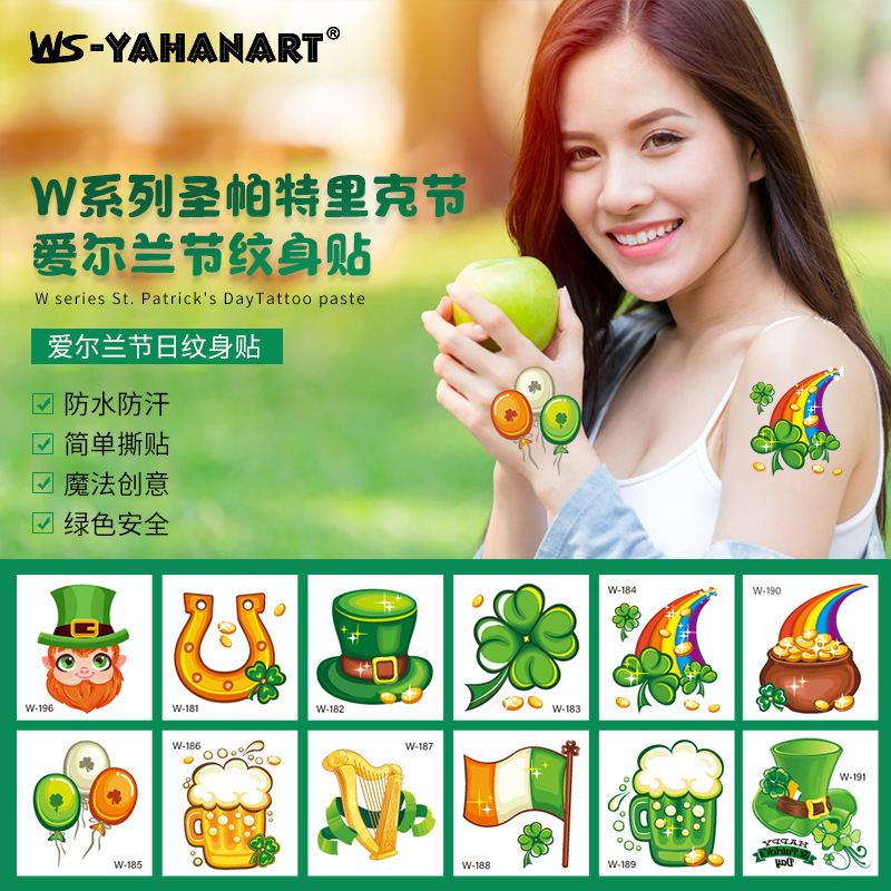 Cross Border Hot Sale Children St Patrick's Day Tattoo Sticker Shamrock Irish Festival Face Tattoo Sticker