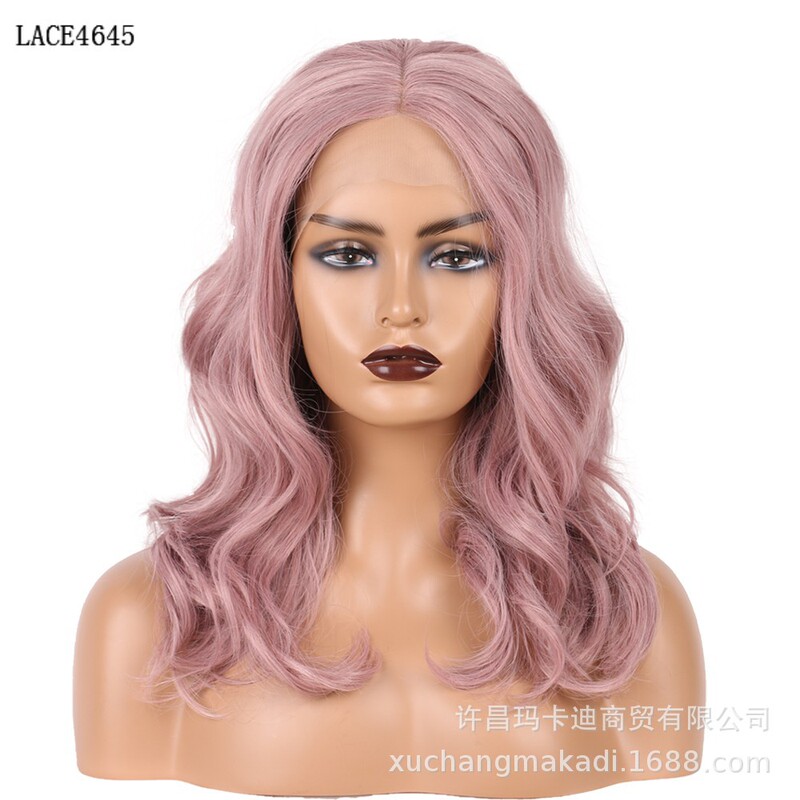 [Makadi] Wig Factory Front Lace Stitch Chemical Fiber Wig Headset Dirty Pink Curly Hair Wholesale